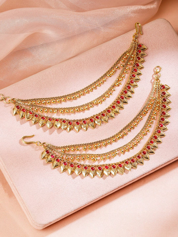 Rubans 22K Gold-Plated Triple Layer Ear Kan Chain with Ruby Pink Stones & Leaf Motif Earrings