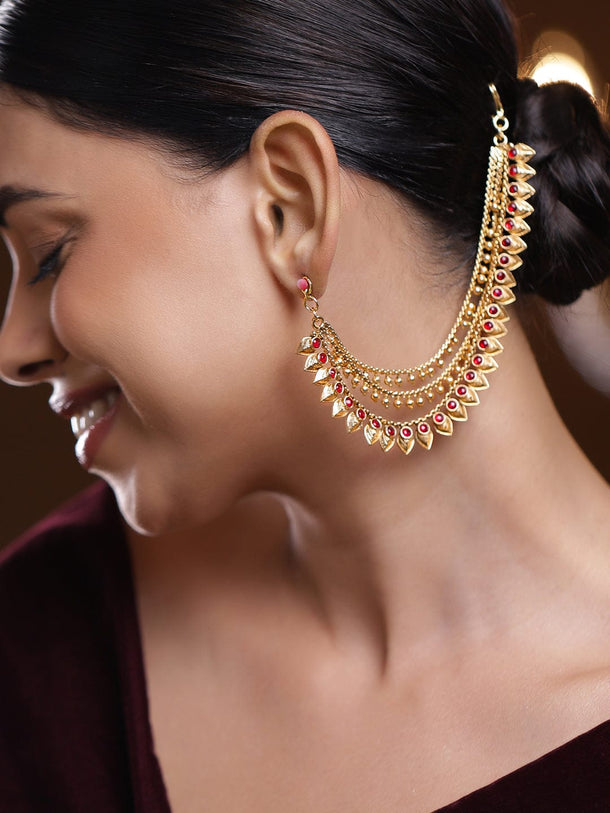 Rubans 22K Gold-Plated Triple Layer Ear Kan Chain with Ruby Pink Stones & Leaf Motif Earrings