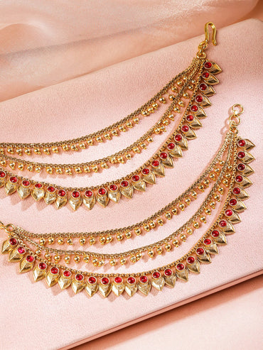 Rubans 22K Gold-Plated Triple Layer Ear Kan Chain with Ruby Pink Stones & Leaf Motif Earrings
