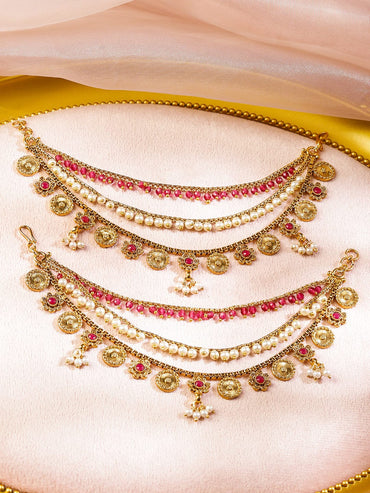 Rubans 22K Gold-Plated Triple Layer Ear Kan Chain with Ruby Pink Stones, Pearls & Golden Coin Drops Earrings