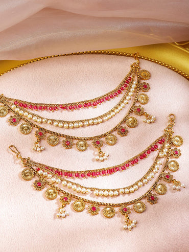 Rubans 22K Gold-Plated Triple Layer Ear Kan Chain with Ruby Pink Stones, Pearls & Golden Coin Drops Earrings