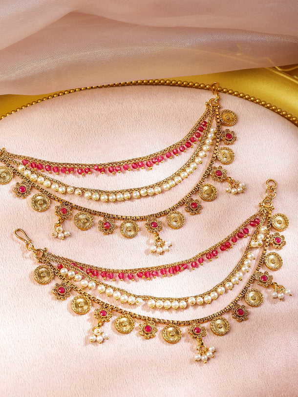 Rubans 22K Gold-Plated Triple Layer Ear Kan Chain with Ruby Pink Stones, Pearls & Golden Coin Drops Earrings