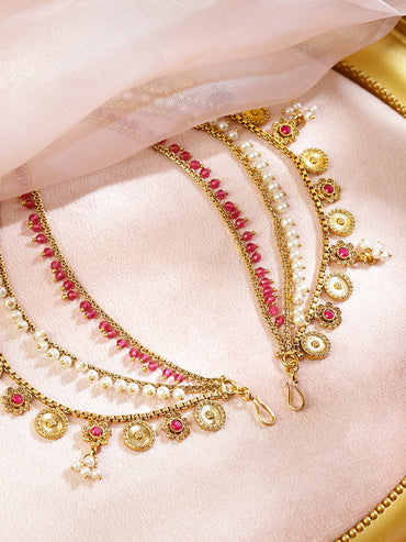 Rubans 22K Gold-Plated Triple Layer Ear Kan Chain with Ruby Pink Stones, Pearls & Golden Coin Drops Earrings