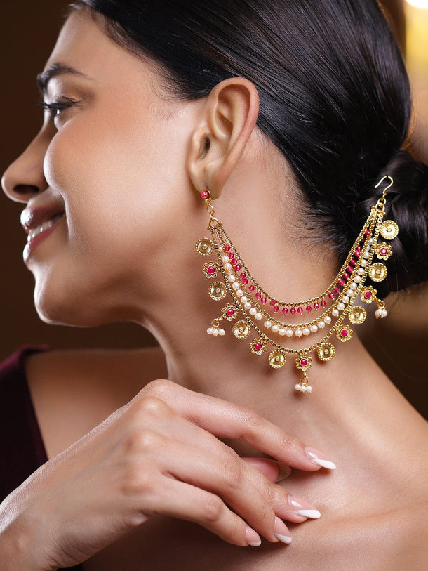Rubans 22K Gold-Plated Triple Layer Ear Kan Chain with Ruby Pink Stones, Pearls & Golden Coin Drops Earrings Extension