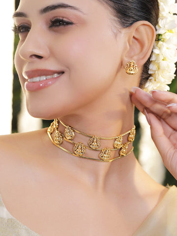 Rubans 22K Gold-Plated Triple Temple-Style Rows Divine Lakshmi Motifs Choker Necklace Set Choker set