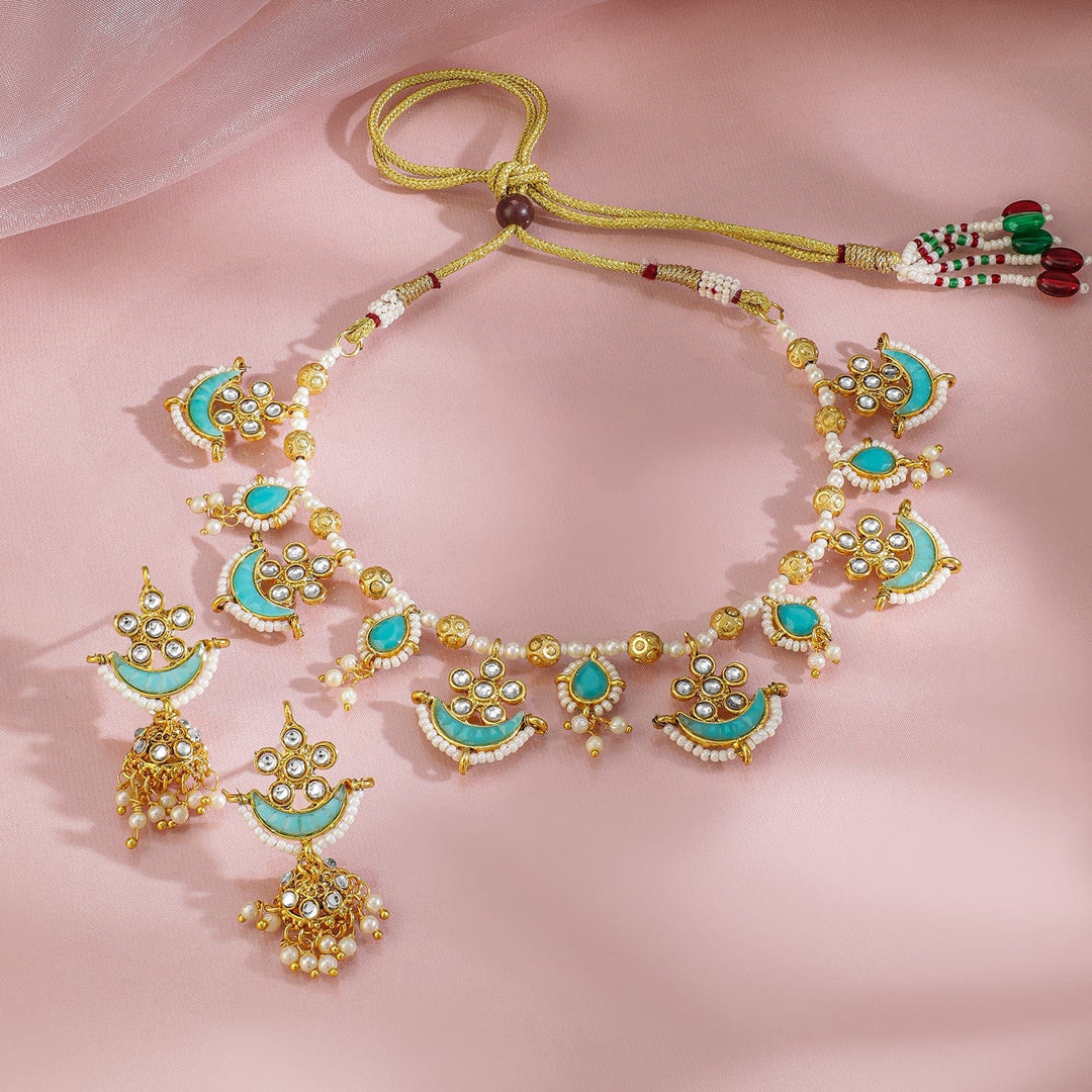 Rubans 22K Gold-Plated Turquoise Beaded & Kundan Stone Studded Ethnic Traditional Jewellery Set Necklace Set