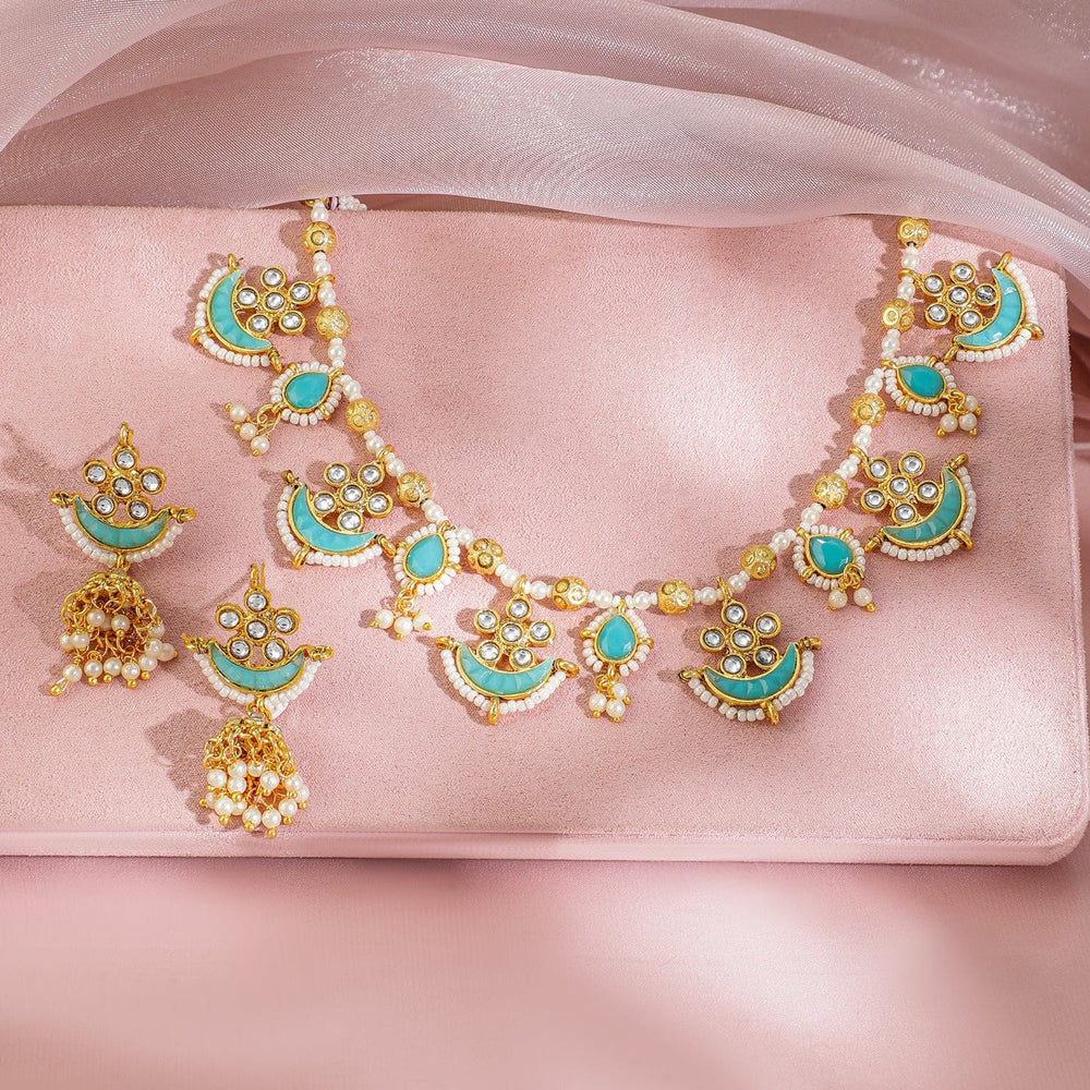 Rubans 22K Gold-Plated Turquoise Beaded & Kundan Stone Studded Ethnic Traditional Jewellery Set Necklace Set