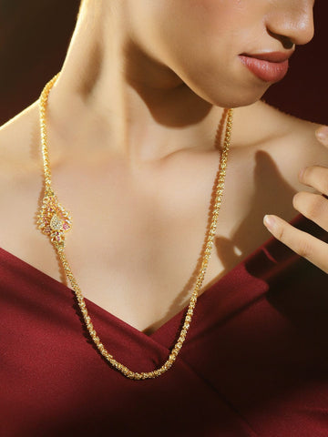 Rubans 22K Gold-Plated Twisted Rope Chain Necklace with Peacock Motif & Ruby Pink Stones Bracelet