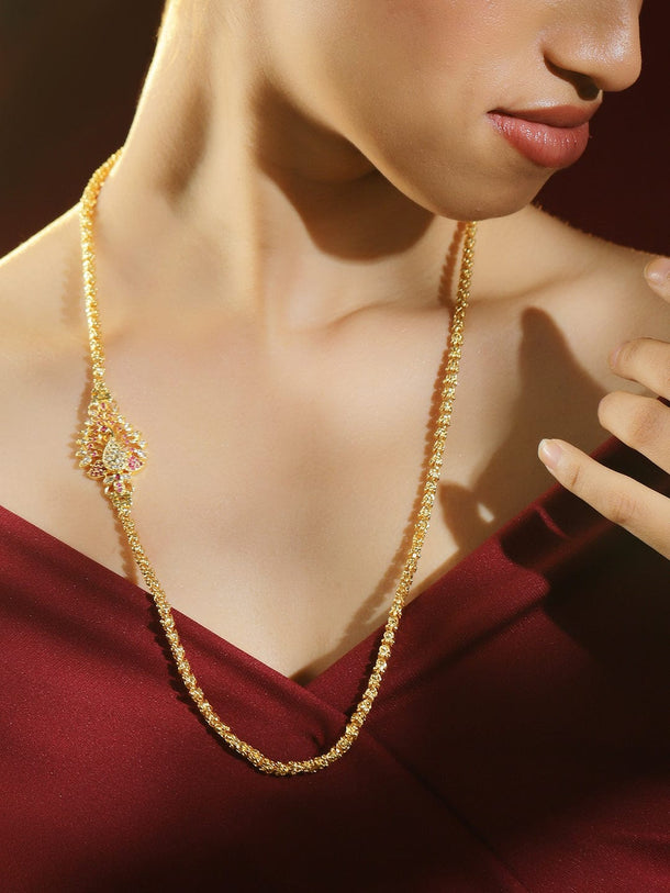 Rubans 22K Gold-Plated Twisted Rope Chain Necklace with Peacock Motif & Ruby Pink Stones Bracelet