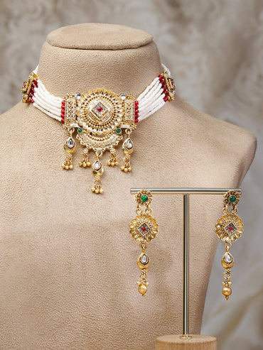 Rubans 22K Gold-Plated White Beaded Floral Choker Necklace Set with Ruby Pink & Emerald Green Stones Jewellery Set