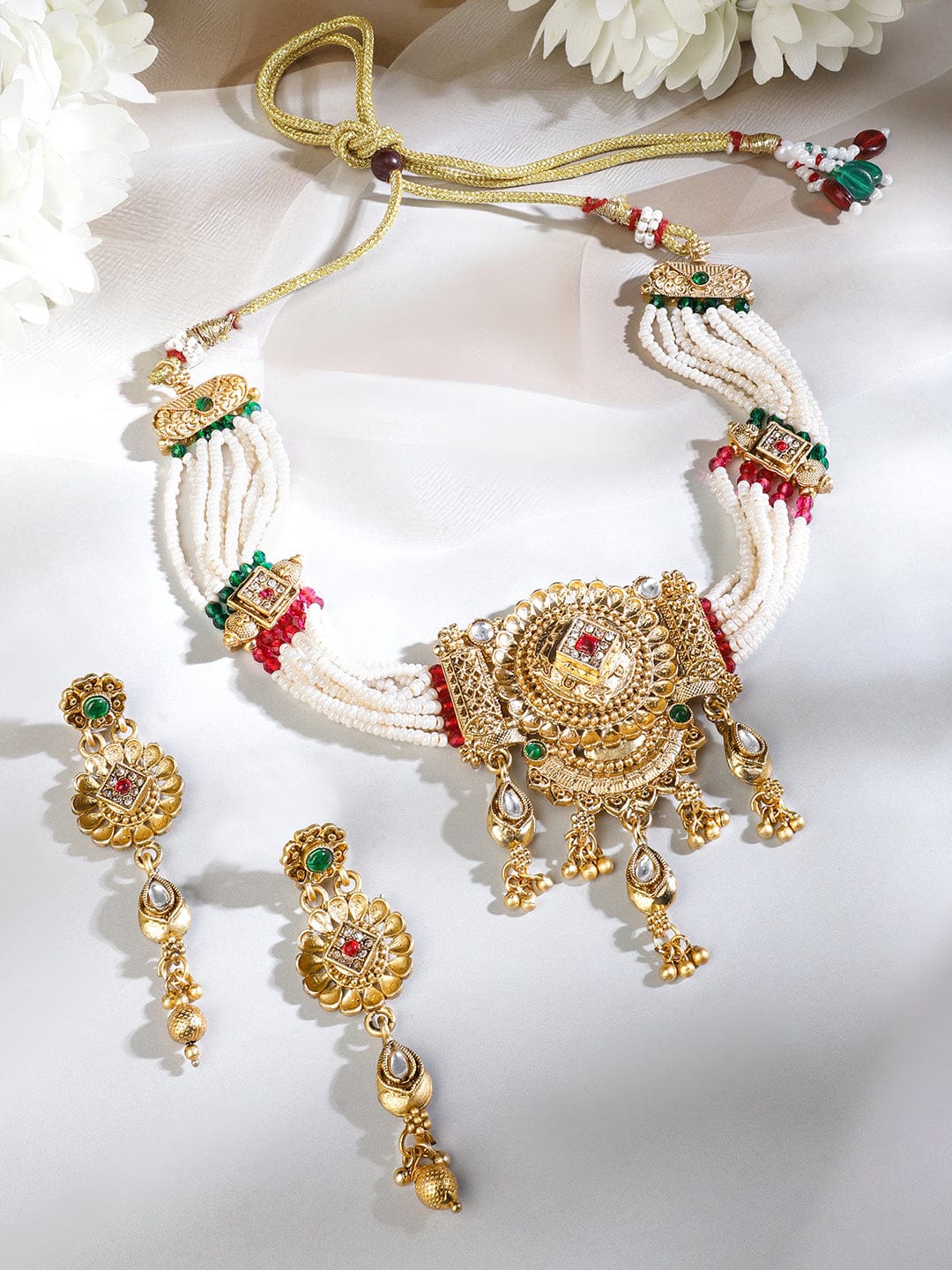 Rubans 22K Gold-Plated White Beaded Floral Choker Necklace Set with Ruby Pink & Emerald Green Stones Jewellery Set