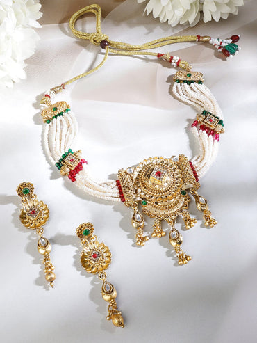Rubans 22K Gold-Plated White Beaded Floral Choker Necklace Set with Ruby Pink & Emerald Green Stones Jewellery Set