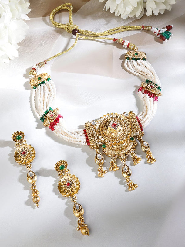 Rubans 22K Gold-Plated White Beaded Floral Choker Necklace Set with Ruby Pink & Emerald Green Stones Jewellery Set