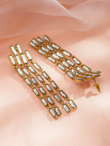 Rubans 22K Gold-Plated White Crystal AD Long Multi-Row Cascading Statement Earrings Earrings