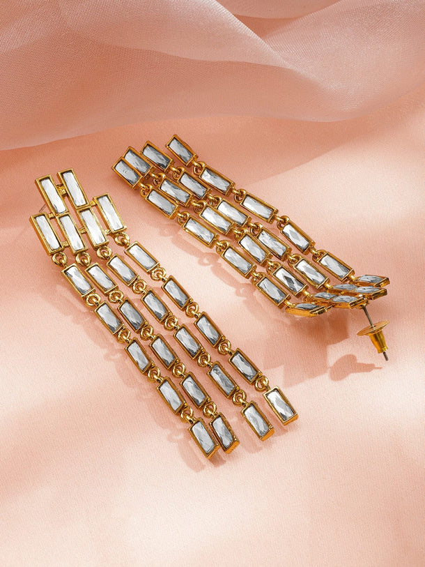 Rubans 22K Gold-Plated White Crystal AD Long Multi-Row Cascading Statement Earrings Earrings