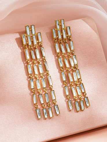 Rubans 22K Gold-Plated White Crystal AD Long Multi-Row Cascading Statement Earrings Earrings