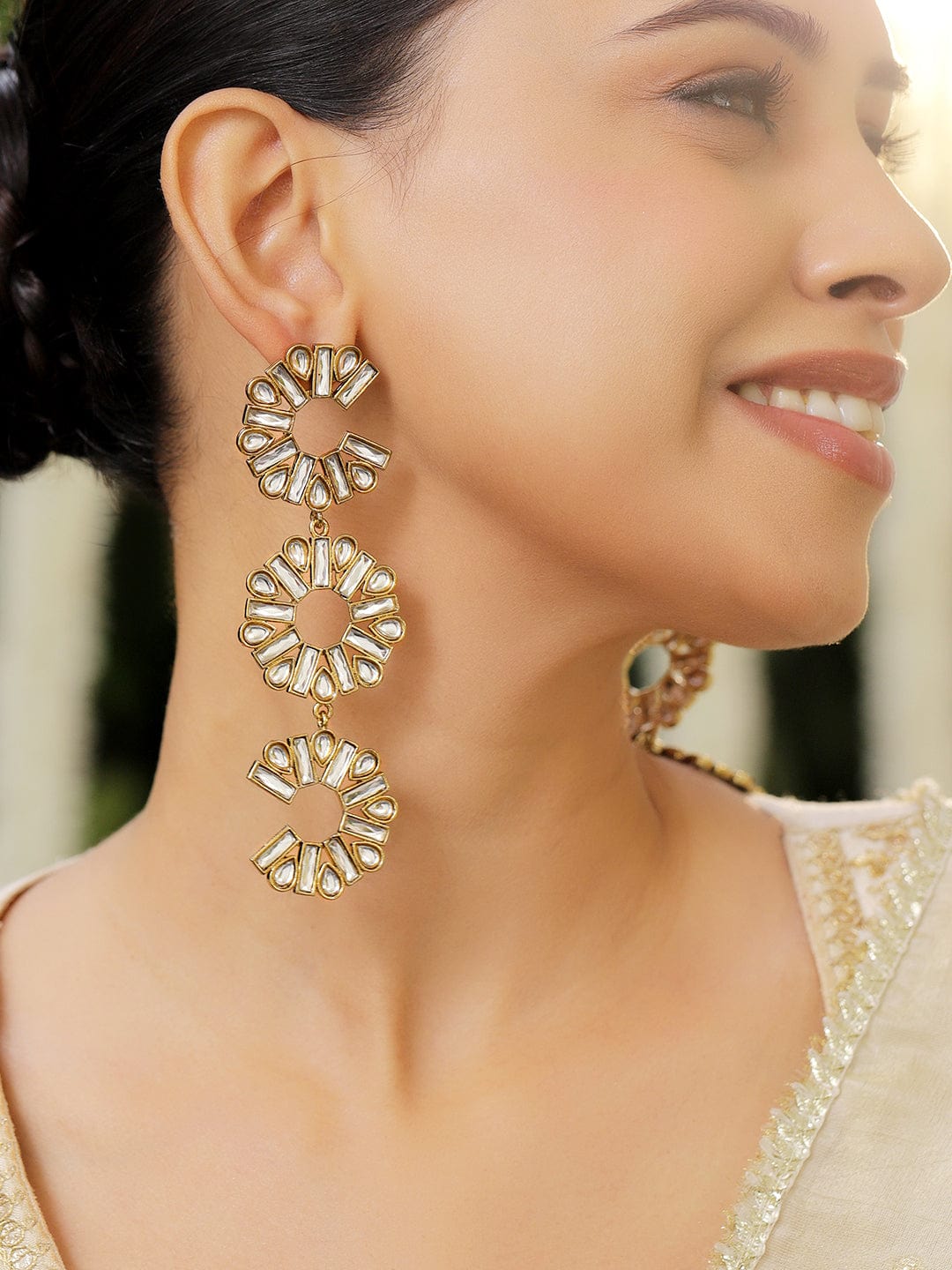 Rubans 22K Gold-Plated White Crystal AD Triple Drop Long Statement Shoulder Duster Earring Earrings