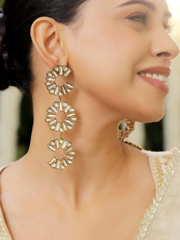 Rubans 22K Gold-Plated White Crystal AD Triple Drop Long Statement Shoulder Duster Earring Earrings