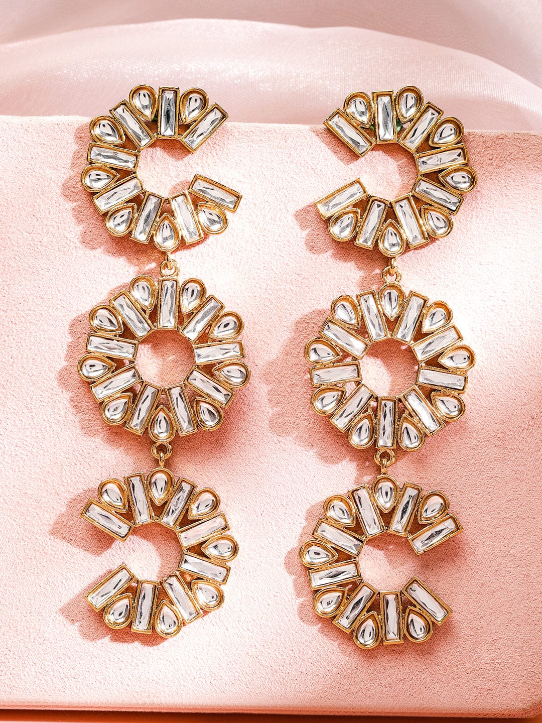 Rubans 22K Gold-Plated White Crystal AD Triple Drop Long Statement Shoulder Duster Earring Earrings