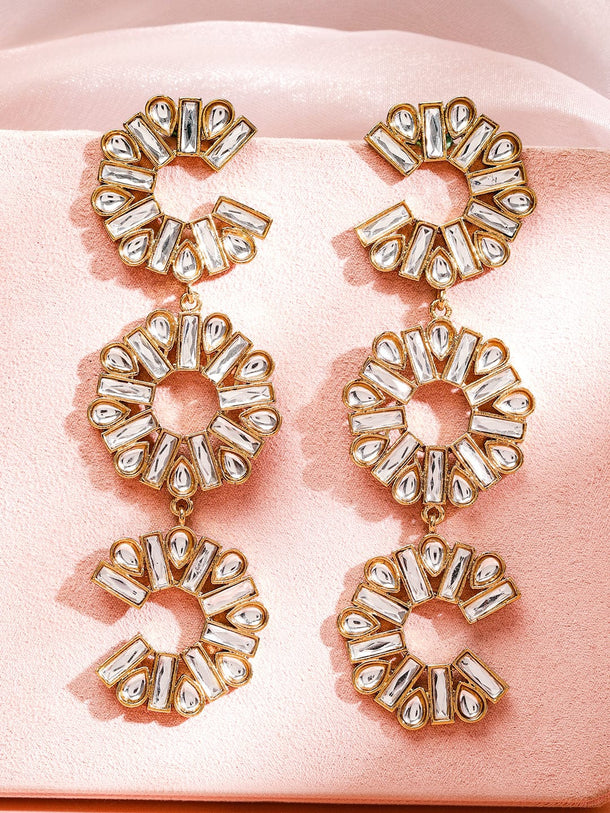 Rubans 22K Gold-Plated White Crystal AD Triple Drop Long Statement Shoulder Duster Earring Earrings