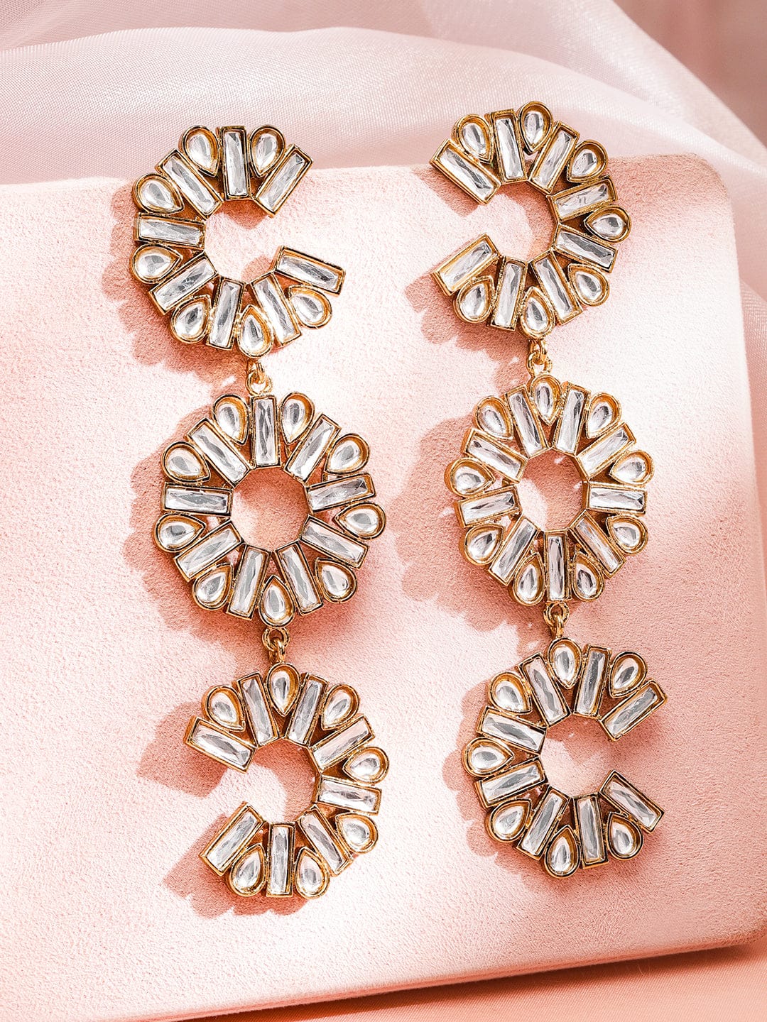 Rubans 22K Gold-Plated White Crystal AD Triple Drop Long Statement Shoulder Duster Earring Earrings