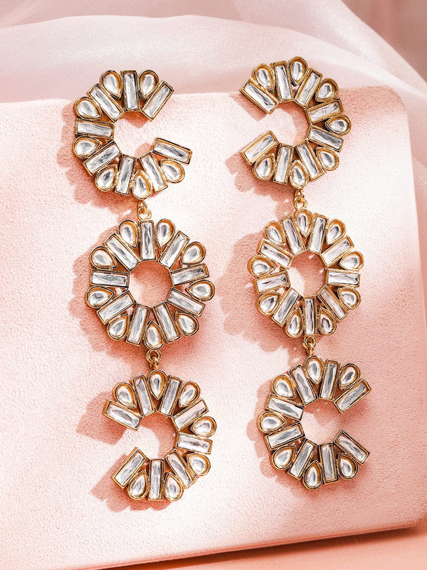 Rubans 22K Gold-Plated White Crystal AD Triple Drop Long Statement Shoulder Duster Earring Earrings