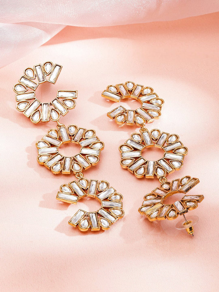 Rubans 22K Gold-Plated White Crystal AD Triple Drop Long Statement Shoulder Duster Earring Earrings