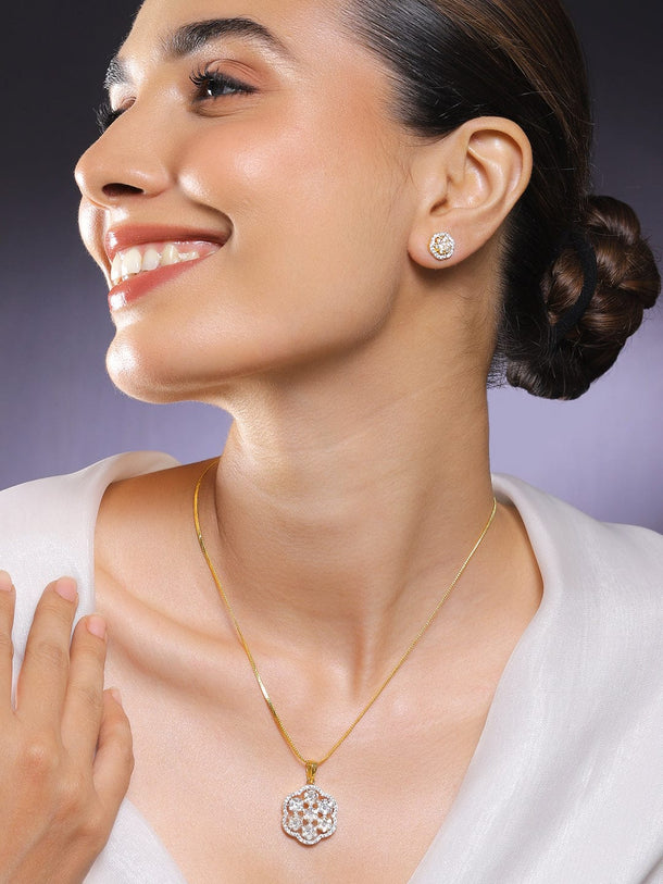 Rubans 22K Gold-Plated White Cubic Zirconia Floral Pendant Necklace Set Jewellery Set