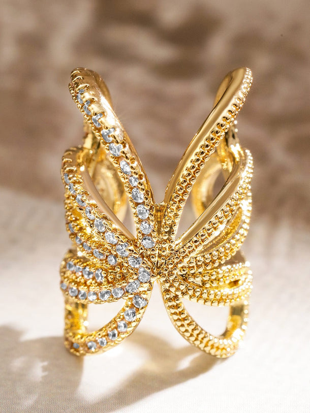 Rubans 22K Gold Plated White Cubic Zirconia Studded Butterfly Statement Ear Cuff Ear Cuff Earrings