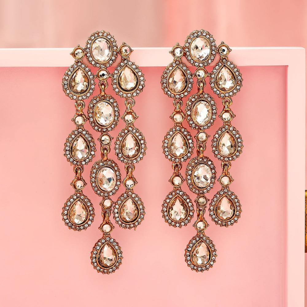 Rubans 22K Gold Plated White Cubic Zirconia Studded Cascading Premium Chandelier Earrings Chandelier Earrings