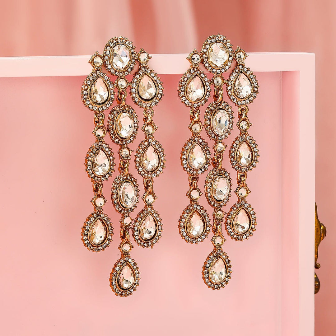 Rubans 22K Gold Plated White Cubic Zirconia Studded Cascading Premium Chandelier Earrings Chandelier Earrings