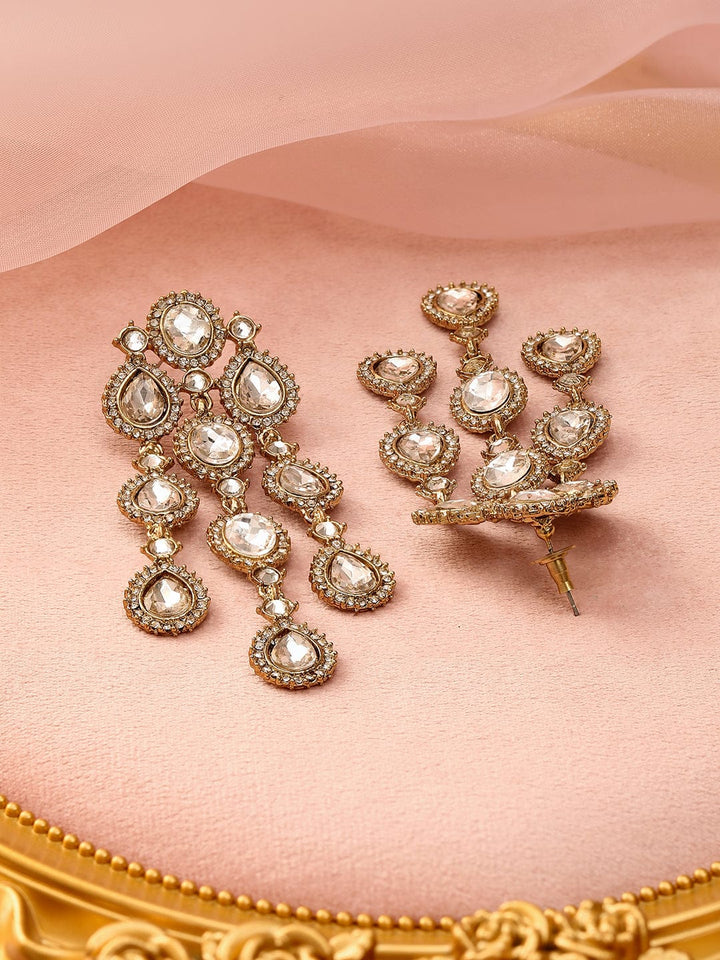 Rubans 22K Gold Plated White Cubic Zirconia Studded Cascading Premium Chandelier Earrings Earrings