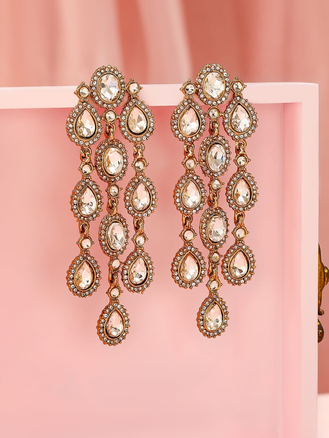 Rubans 22K Gold Plated White Cubic Zirconia Studded Cascading Premium Chandelier Earrings Earrings