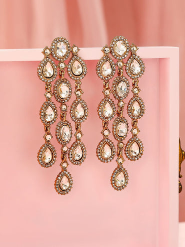 Rubans 22K Gold Plated White Cubic Zirconia Studded Cascading Premium Chandelier Earrings Earrings