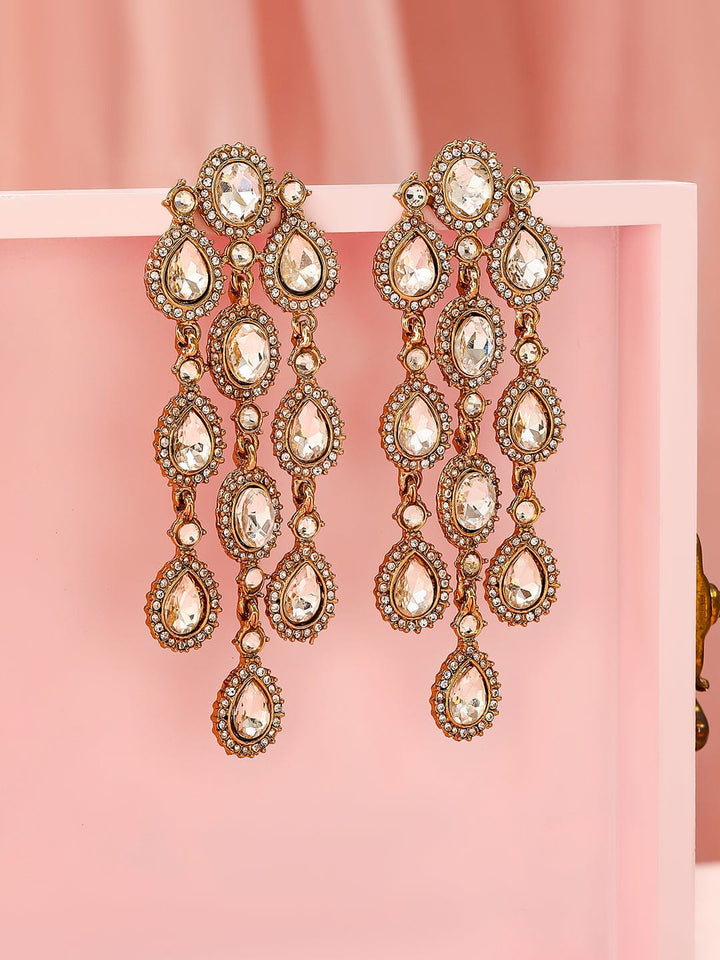 Rubans 22K Gold Plated White Cubic Zirconia Studded Cascading Premium Chandelier Earrings Earrings