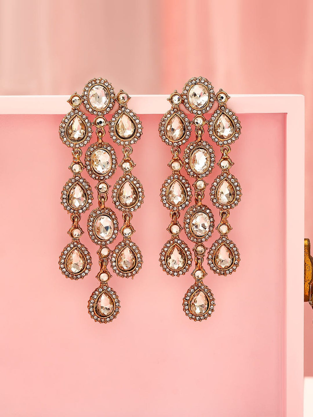 Rubans 22K Gold Plated White Cubic Zirconia Studded Cascading Premium Chandelier Earrings Earrings