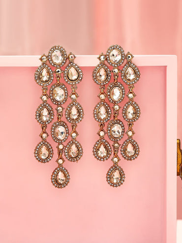 Rubans 22K Gold Plated White Cubic Zirconia Studded Cascading Premium Chandelier Earrings Earrings