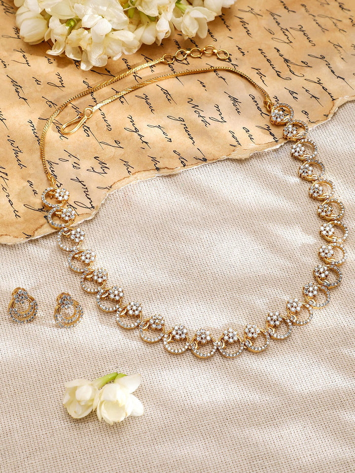 Rubans 22K Gold-Plated White Cubic Zirconia Studded Elegant Necklace Set with Earrings Jewellery Set