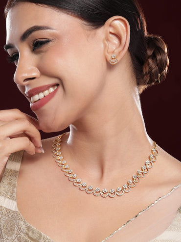 Rubans 22K Gold-Plated White Cubic Zirconia Studded Elegant Necklace Set with Earrings Necklace Set