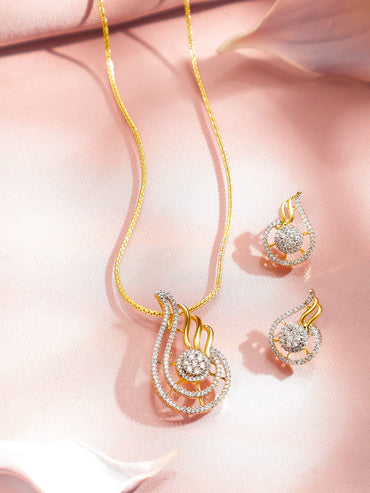 Rubans 22K Gold-Plated White Cubic Zirconia Studded Flame Motif Pendant Necklace Set Jewellery Set