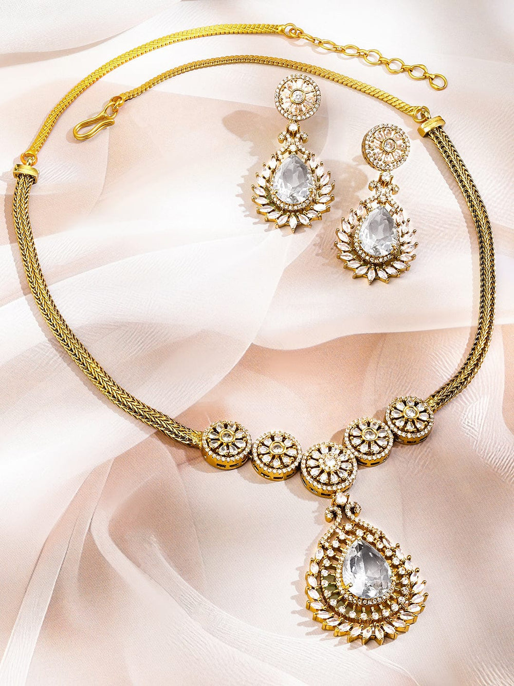 Rubans 22K Gold-Plated White Cubic Zirconia Studded Floral Motif Necklace Set for Women Jewellery Set