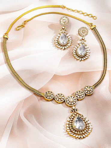 Rubans 22K Gold-Plated White Cubic Zirconia Studded Floral Motif Necklace Set for Women Jewellery Set