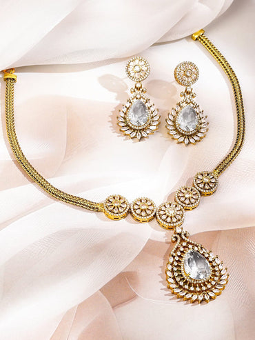 Rubans 22K Gold-Plated White Cubic Zirconia Studded Floral Motif Necklace Set for Women Necklaces, Necklace Sets, Chains & Mangalsutra