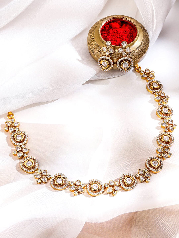 Rubans 22K Gold-Plated White Cubic Zirconia Studded Handcrafted Floral Vine Necklace Set with Matching Earrings Jewellery Set