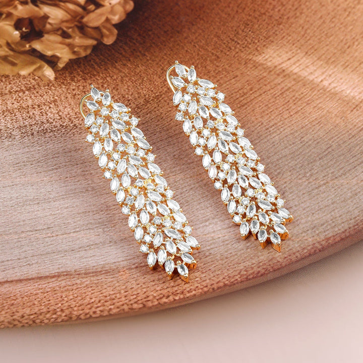 Rubans 22K Gold-Plated White Cubic Zirconia Studded Leaf Design Drop Earrings Drop Earring