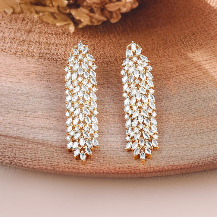 Rubans 22K Gold-Plated White Cubic Zirconia Studded Leaf Design Drop Earrings Drop Earring