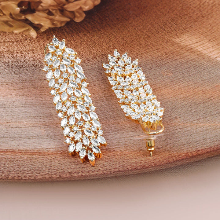 Rubans 22K Gold-Plated White Cubic Zirconia Studded Leaf Design Drop Earrings Drop Earring