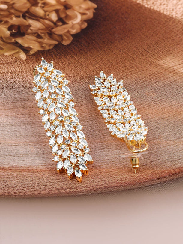 Rubans 22K Gold-Plated White Cubic Zirconia Studded Leaf Design Drop Earrings Earrings