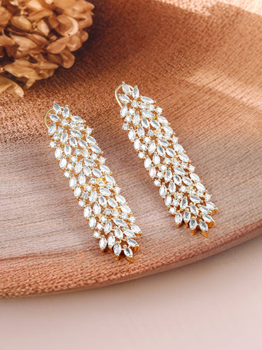 Rubans 22K Gold-Plated White Cubic Zirconia Studded Leaf Design Drop Earrings Earrings