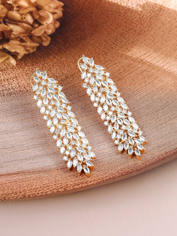 Rubans 22K Gold-Plated White Cubic Zirconia Studded Leaf Design Drop Earrings Earrings